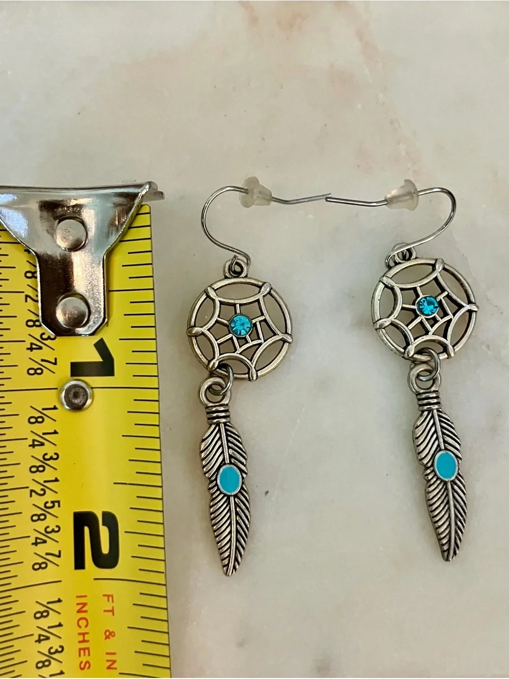 Silver Tone Turquoise Dreamcatcher Feather Dangle Earrings